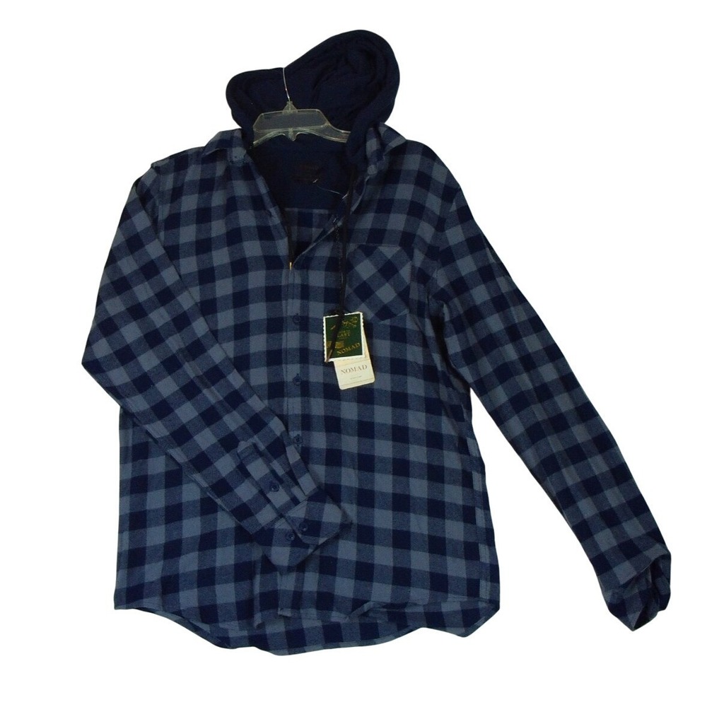 Nomad Shirt Mens M Blue Plaid Hooded Flannel Button Up Outdoor Casual‎ USA NWT